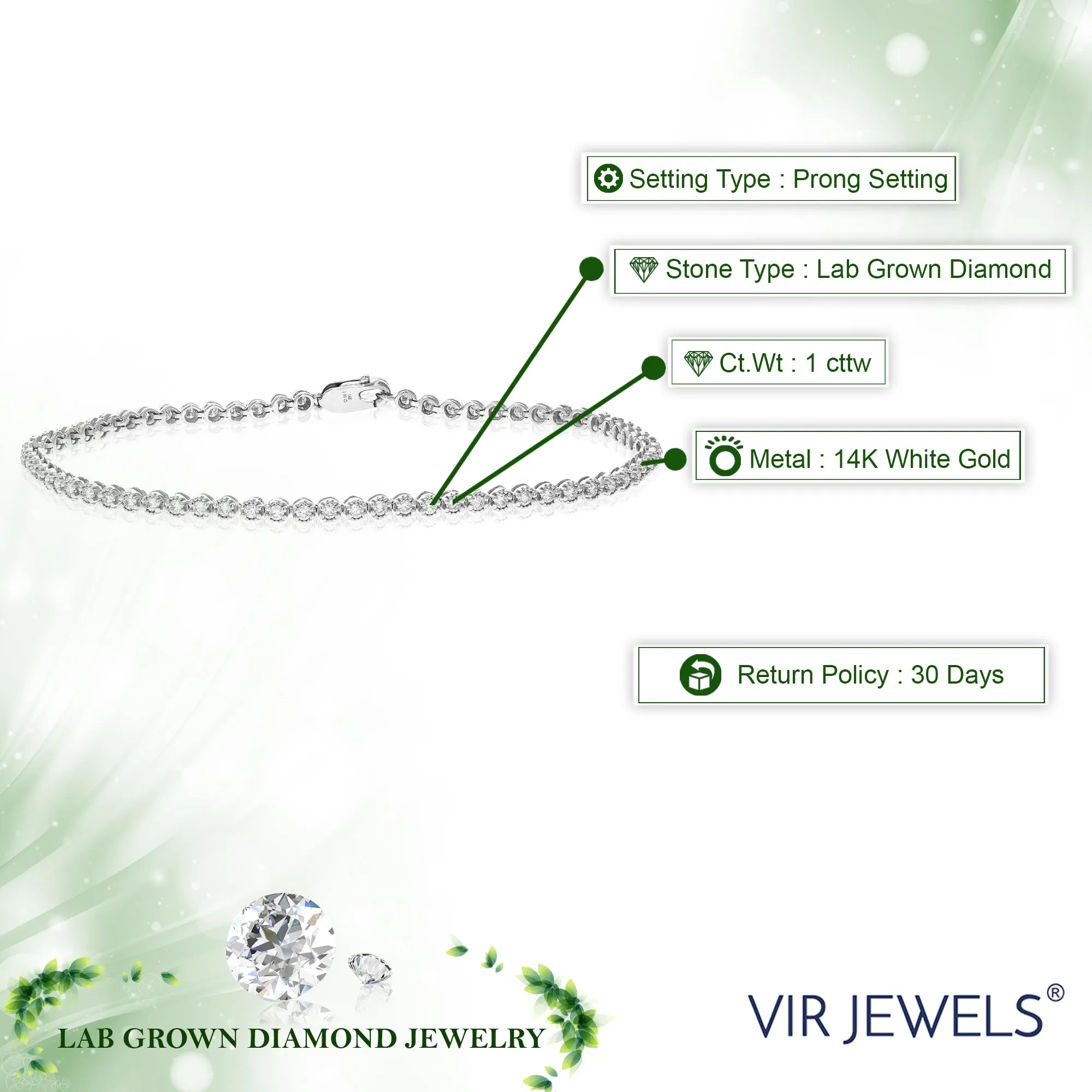 1 cttw Lab Grown Diamond Tennis Bracelet Prong set 14K White Gold