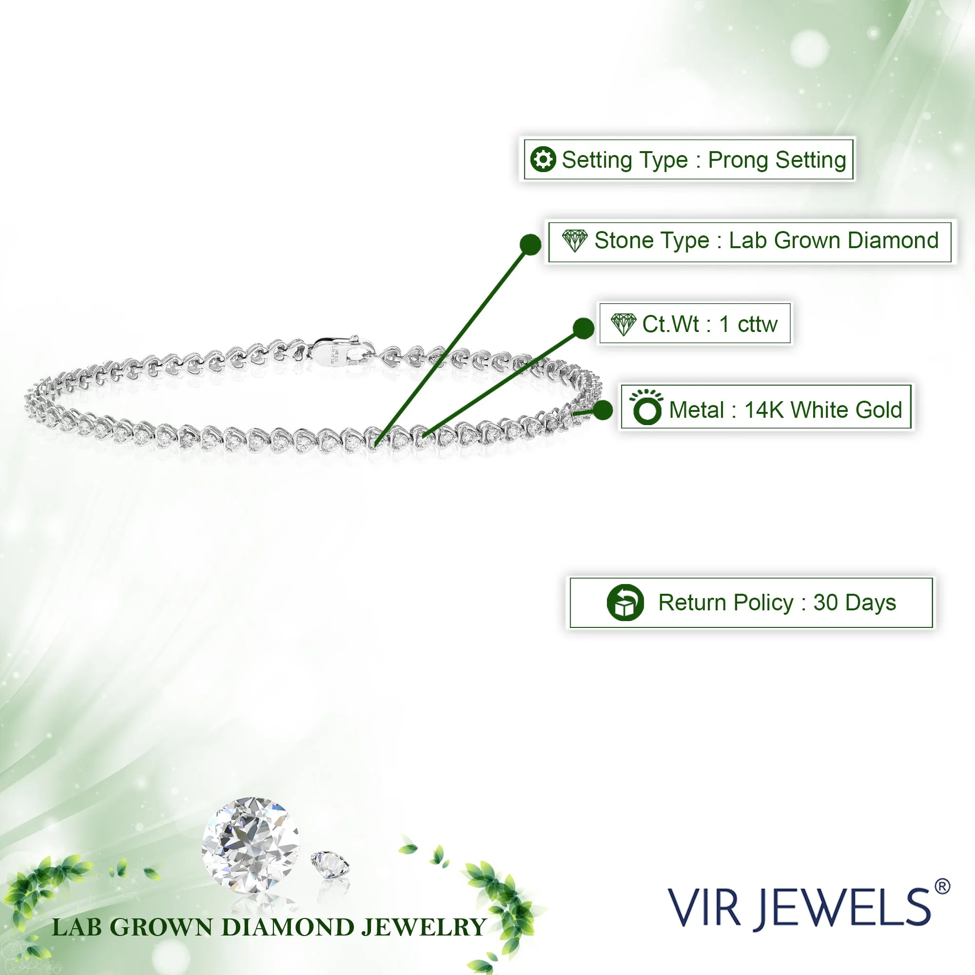 1 cttw Lab Grown Trillion Diamond Tennis Bracelets 14K White Gold