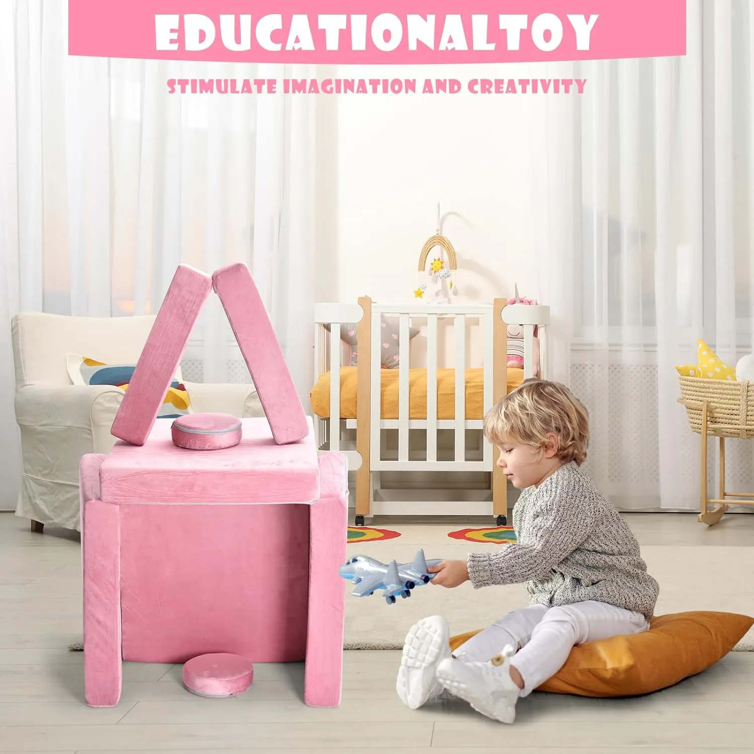 10 Piece Montessori Modular Soft Play Set | Foam Building Blocks | Sofa Couch | Pink | 12m 