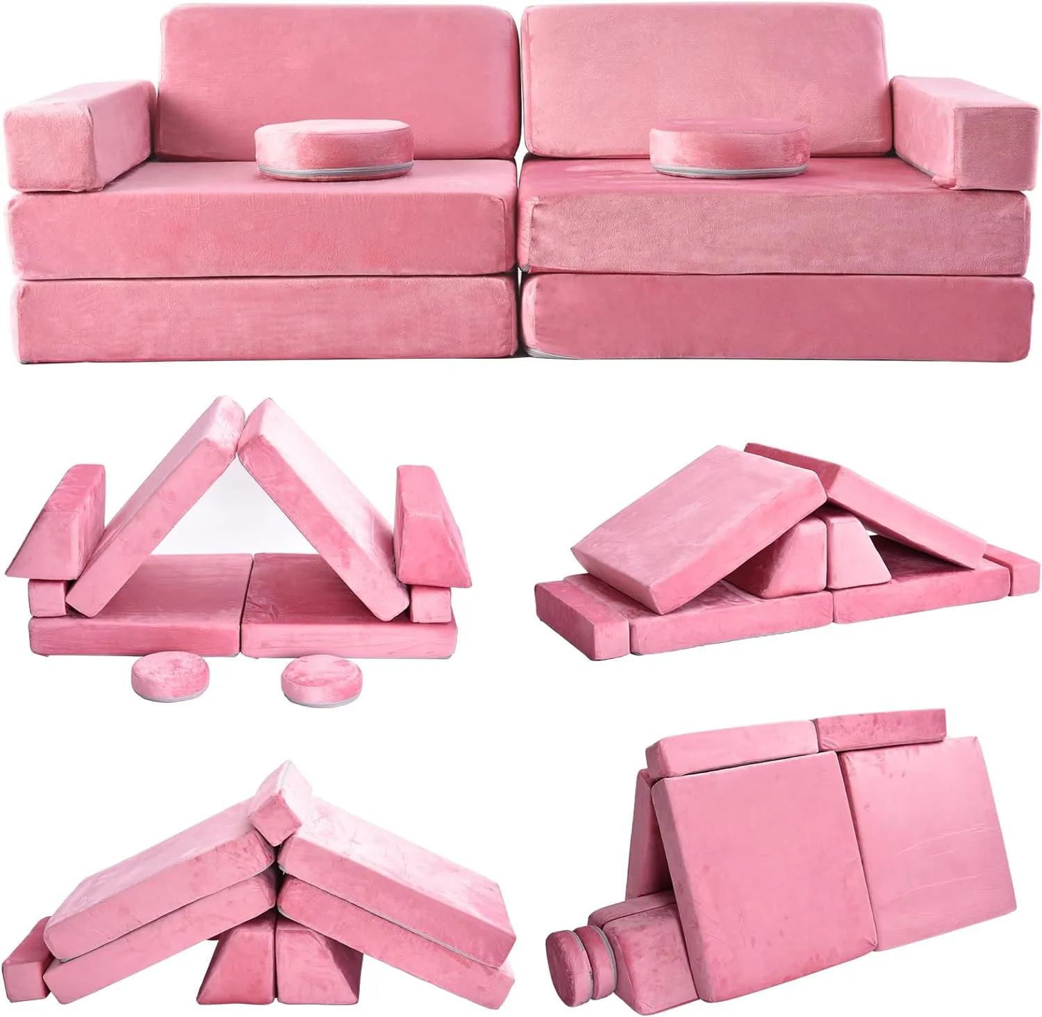 10 Piece Montessori Modular Soft Play Set | Foam Building Blocks | Sofa Couch | Pink | 12m 