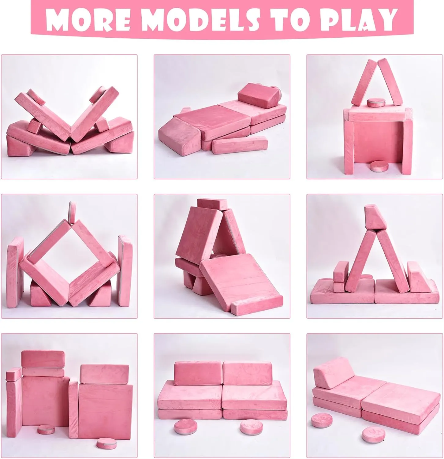 10 Piece Montessori Modular Soft Play Set | Foam Building Blocks | Sofa Couch | Pink | 12m 