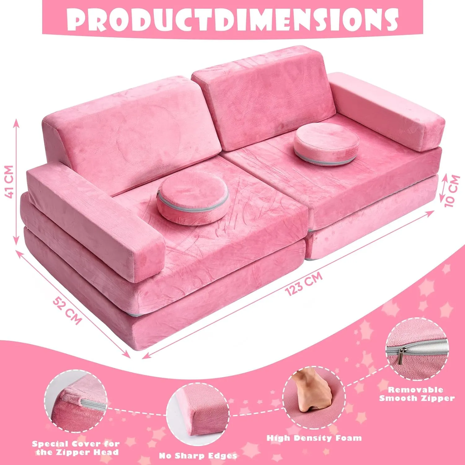 10 Piece Montessori Modular Soft Play Set | Foam Building Blocks | Sofa Couch | Pink | 12m 
