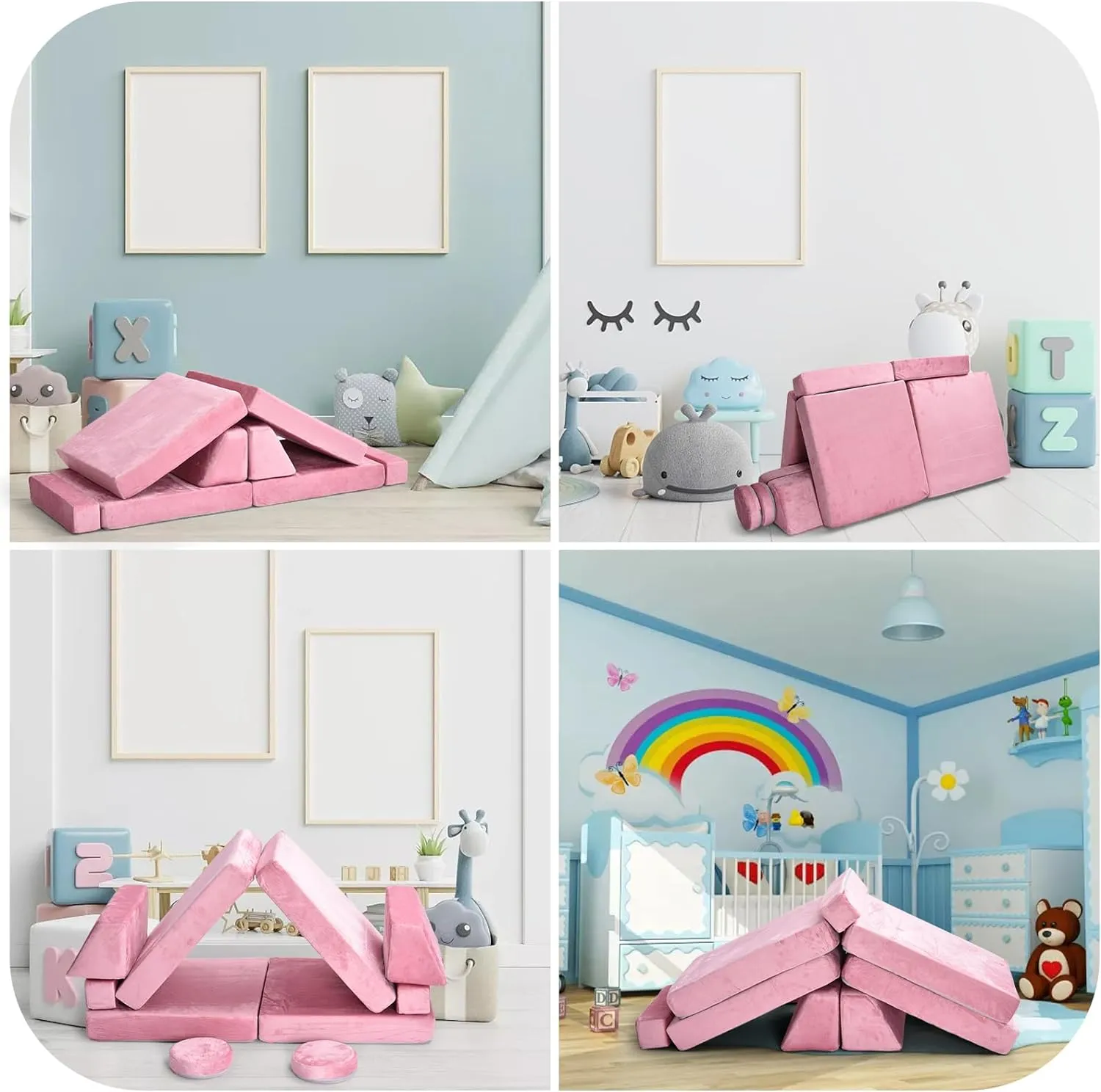 10 Piece Montessori Modular Soft Play Set | Foam Building Blocks | Sofa Couch | Pink | 12m 