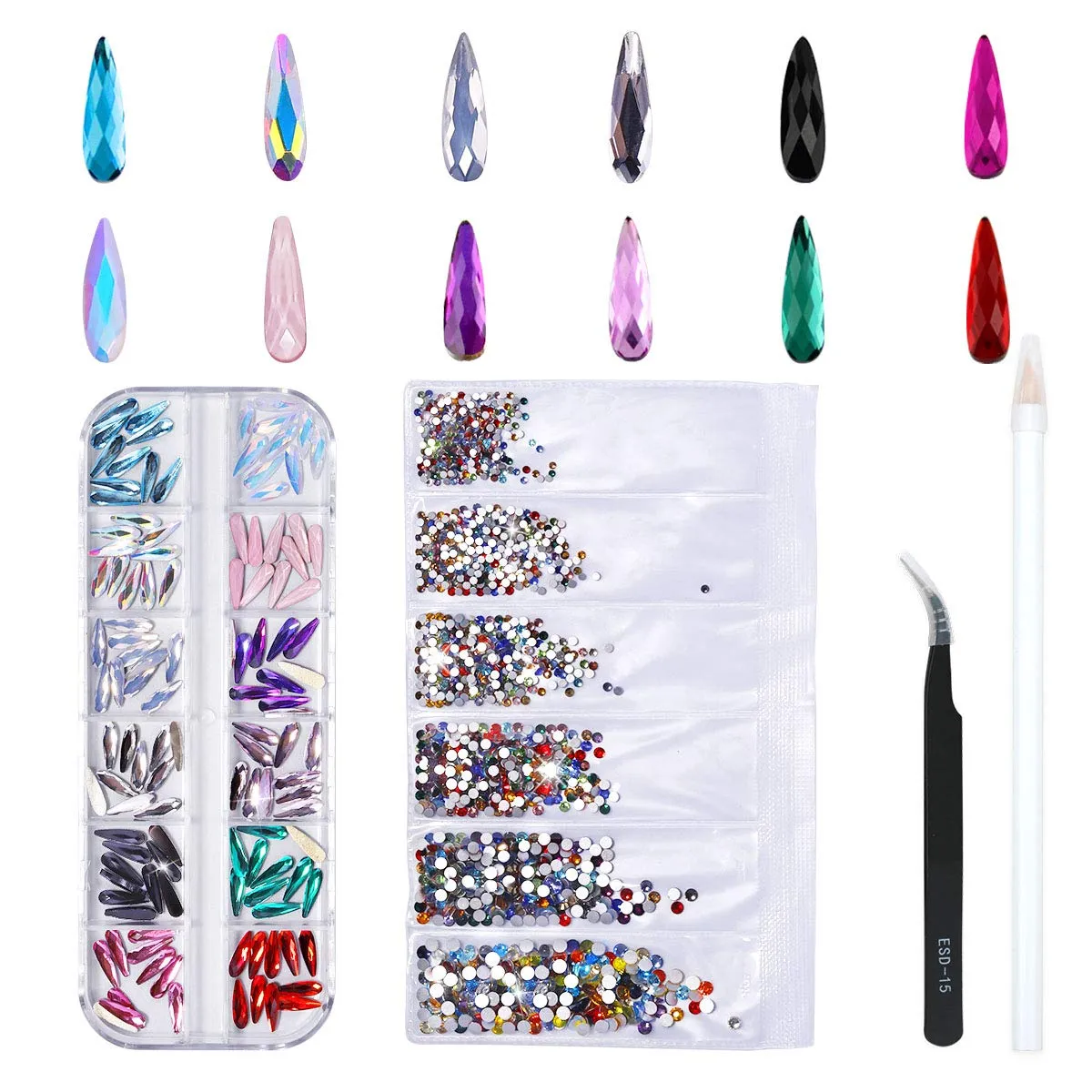 120 Pcs Multi Shapes Glass Crystal AB Rhinestones For Nail Art Craft, Mix 12 Style FlatBack Crystals 3D Decorations Flat Back Stones Gems Set (120 pcs Crystals 1728 pcs rhinestones)