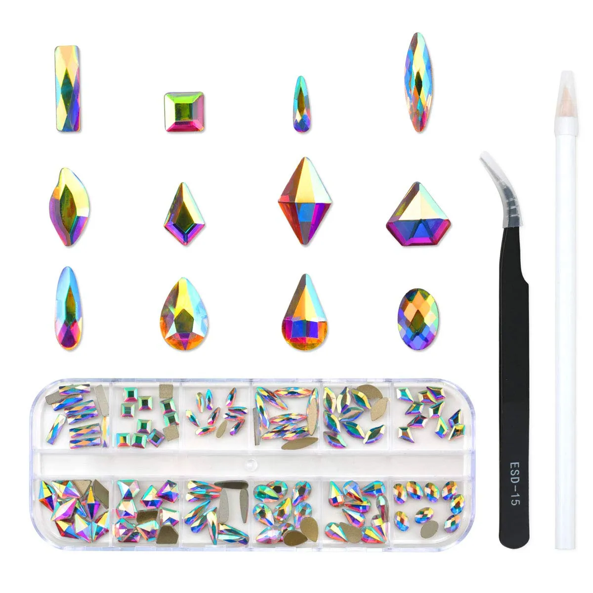 120 Pcs Multi Shapes Glass Crystal AB Rhinestones For Nail Art Craft, Mix 12 Style FlatBack Crystals 3D Decorations Flat Back Stones Gems Set (120 pcs Crystals 1728 pcs rhinestones)