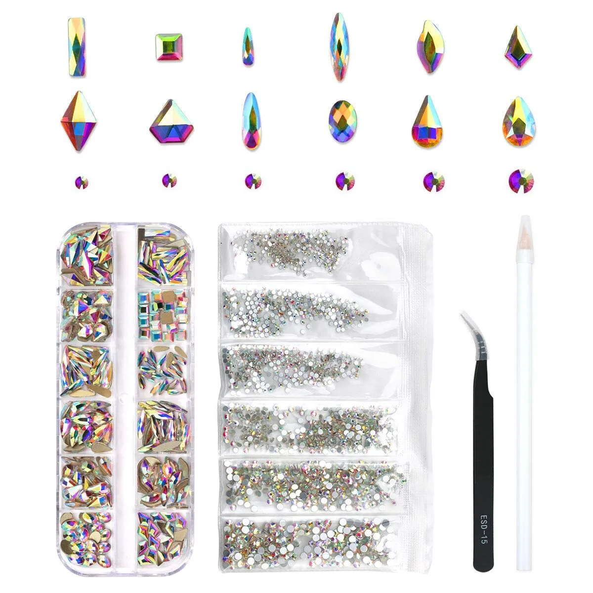 120 Pcs Multi Shapes Glass Crystal AB Rhinestones For Nail Art Craft, Mix 12 Style FlatBack Crystals 3D Decorations Flat Back Stones Gems Set (120 pcs Crystals 1728 pcs rhinestones)
