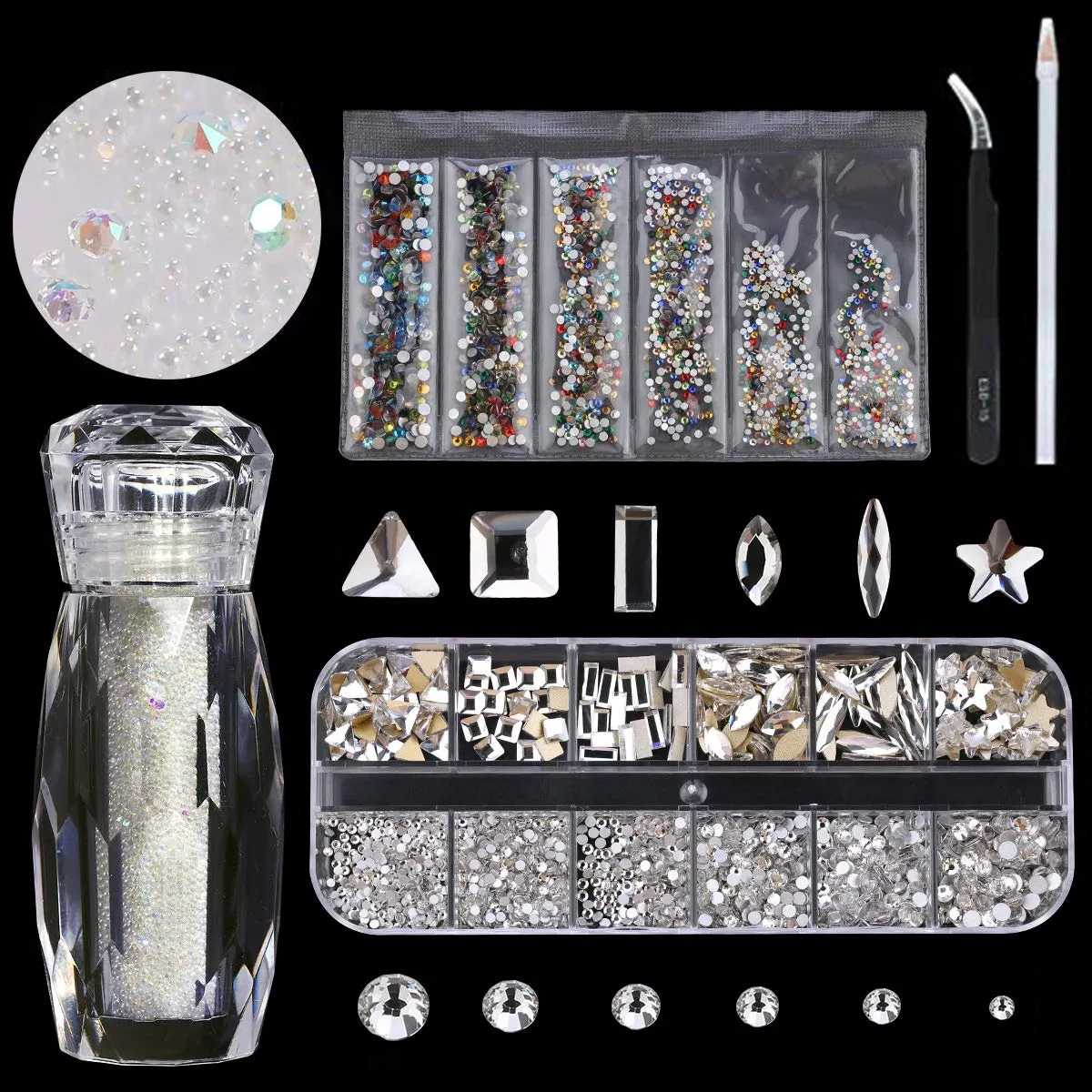 120 Pcs Multi Shapes Glass Crystal AB Rhinestones For Nail Art Craft, Mix 12 Style FlatBack Crystals 3D Decorations Flat Back Stones Gems Set (120 pcs Crystals 1728 pcs rhinestones)