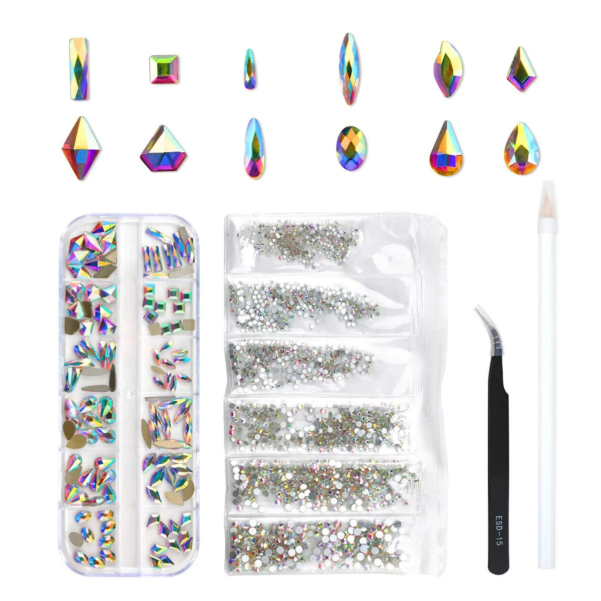 120 Pcs Multi Shapes Glass Crystal AB Rhinestones For Nail Art Craft, Mix 12 Style FlatBack Crystals 3D Decorations Flat Back Stones Gems Set (120 pcs Crystals 1728 pcs rhinestones)
