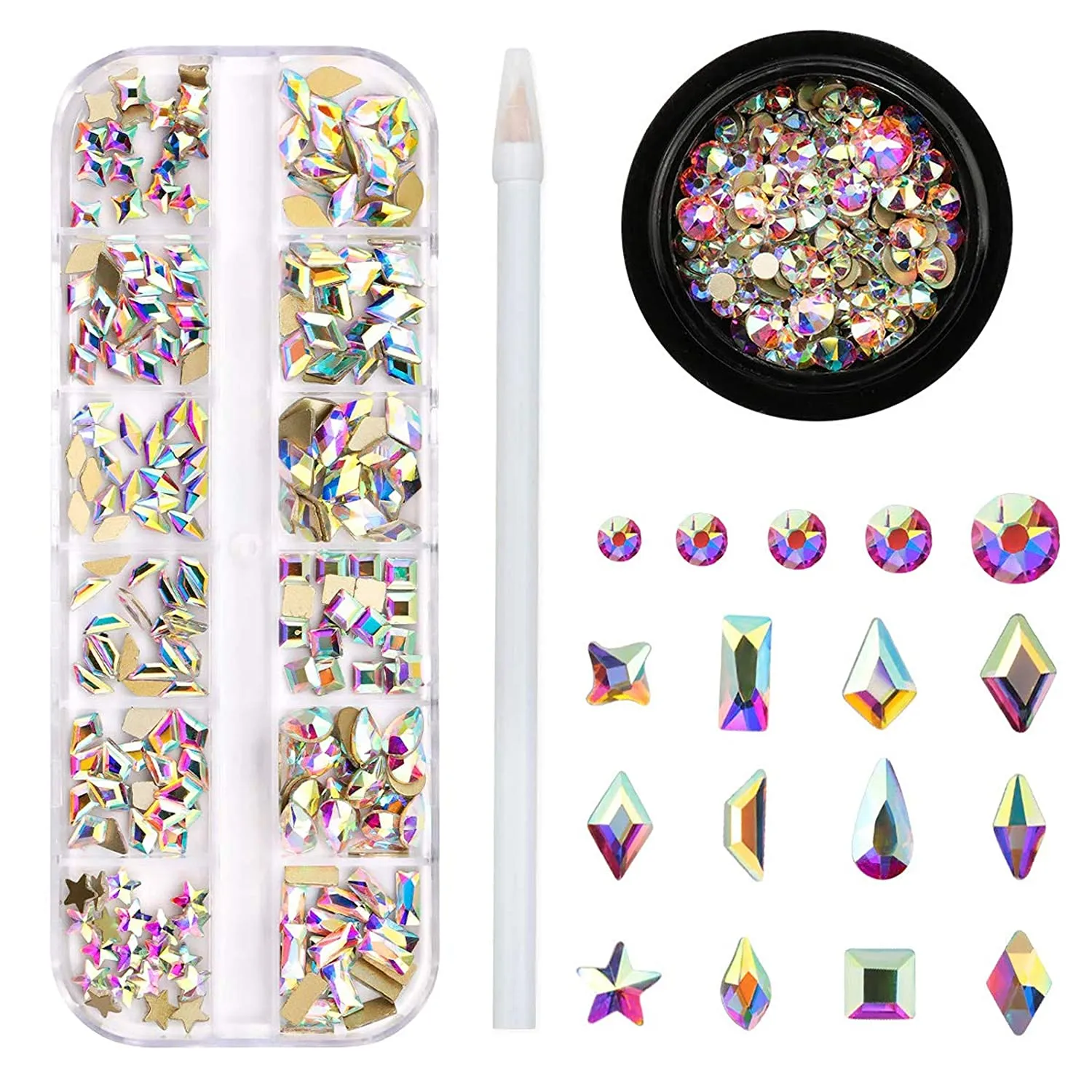120 Pcs Multi Shapes Glass Crystal AB Rhinestones For Nail Art Craft, Mix 12 Style FlatBack Crystals 3D Decorations Flat Back Stones Gems Set (120 pcs Crystals 1728 pcs rhinestones)