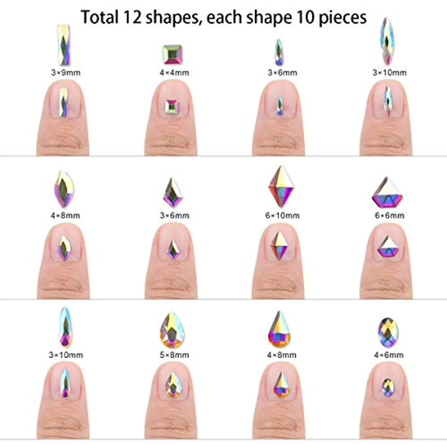 120 Pcs Multi Shapes Glass Crystal AB Rhinestones For Nail Art Craft, Mix 12 Style FlatBack Crystals 3D Decorations Flat Back Stones Gems Set (120 pcs Crystals 1728 pcs rhinestones)