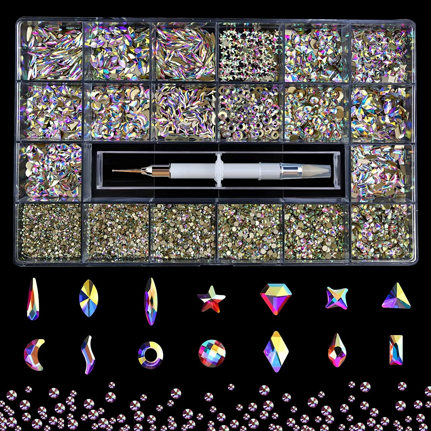 120 Pcs Multi Shapes Glass Crystal AB Rhinestones For Nail Art Craft, Mix 12 Style FlatBack Crystals 3D Decorations Flat Back Stones Gems Set (120 pcs Crystals 1728 pcs rhinestones)