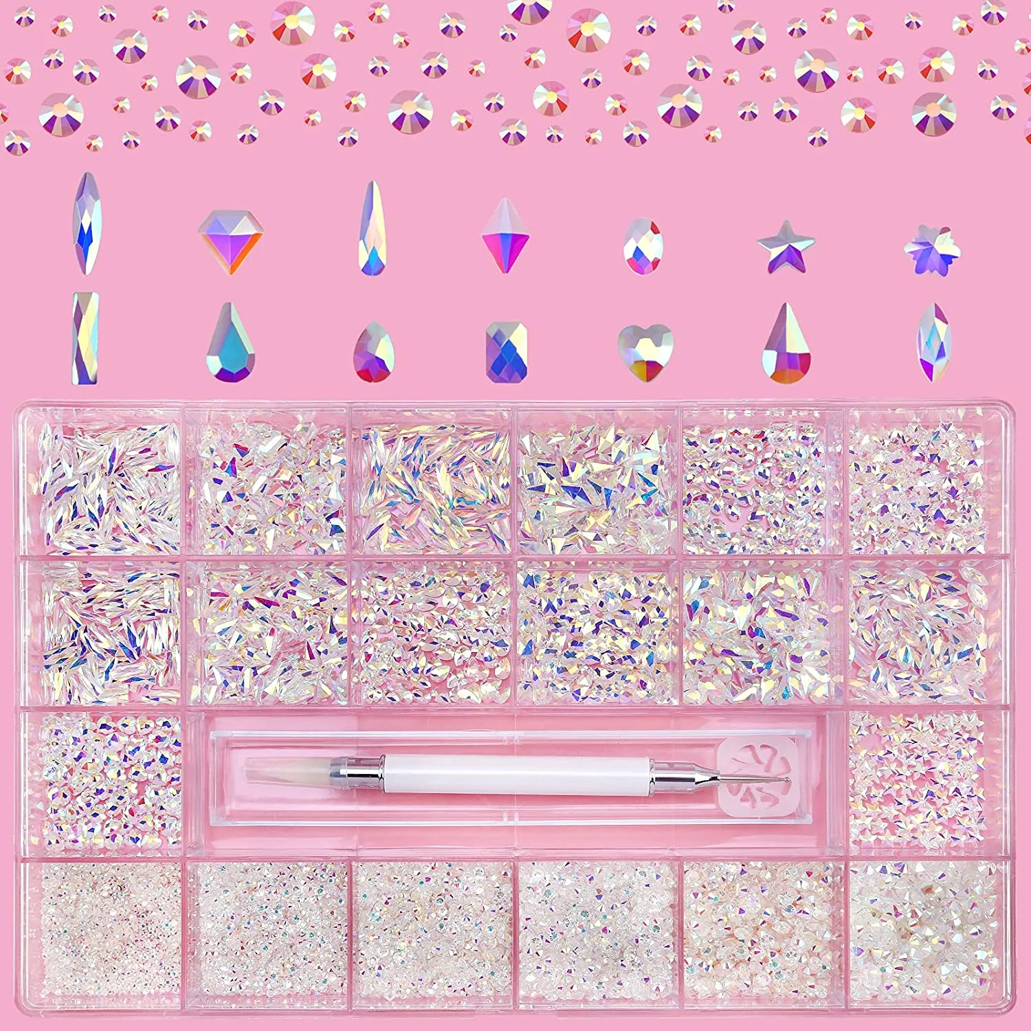 120 Pcs Multi Shapes Glass Crystal AB Rhinestones For Nail Art Craft, Mix 12 Style FlatBack Crystals 3D Decorations Flat Back Stones Gems Set (120 pcs Crystals 1728 pcs rhinestones)