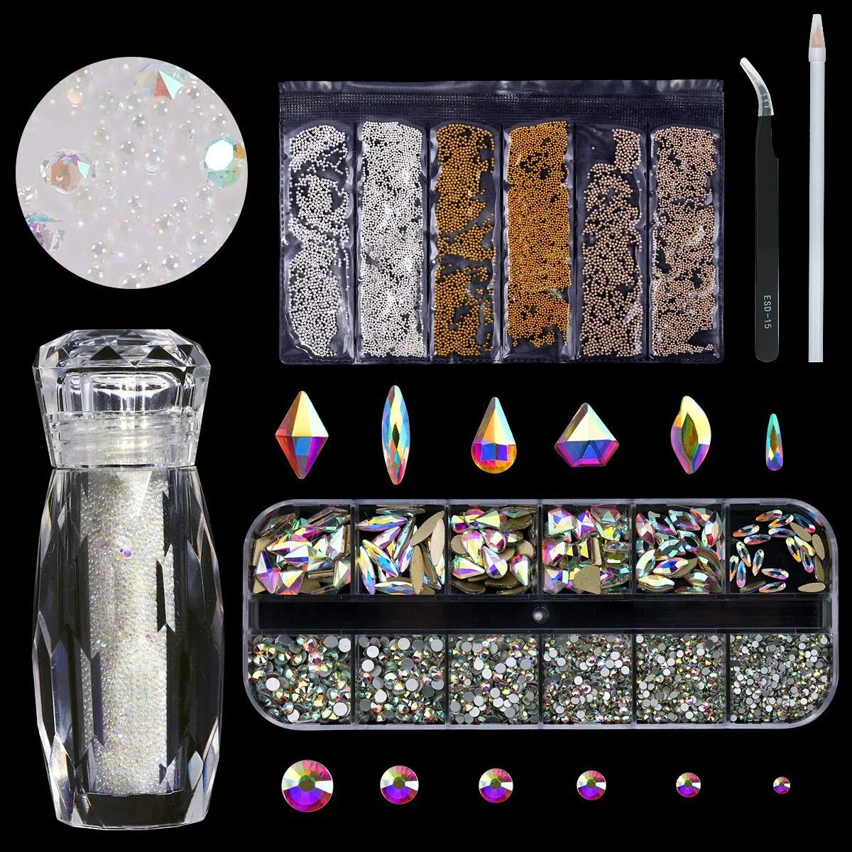 120 Pcs Multi Shapes Glass Crystal AB Rhinestones For Nail Art Craft, Mix 12 Style FlatBack Crystals 3D Decorations Flat Back Stones Gems Set (120 pcs Crystals 1728 pcs rhinestones)