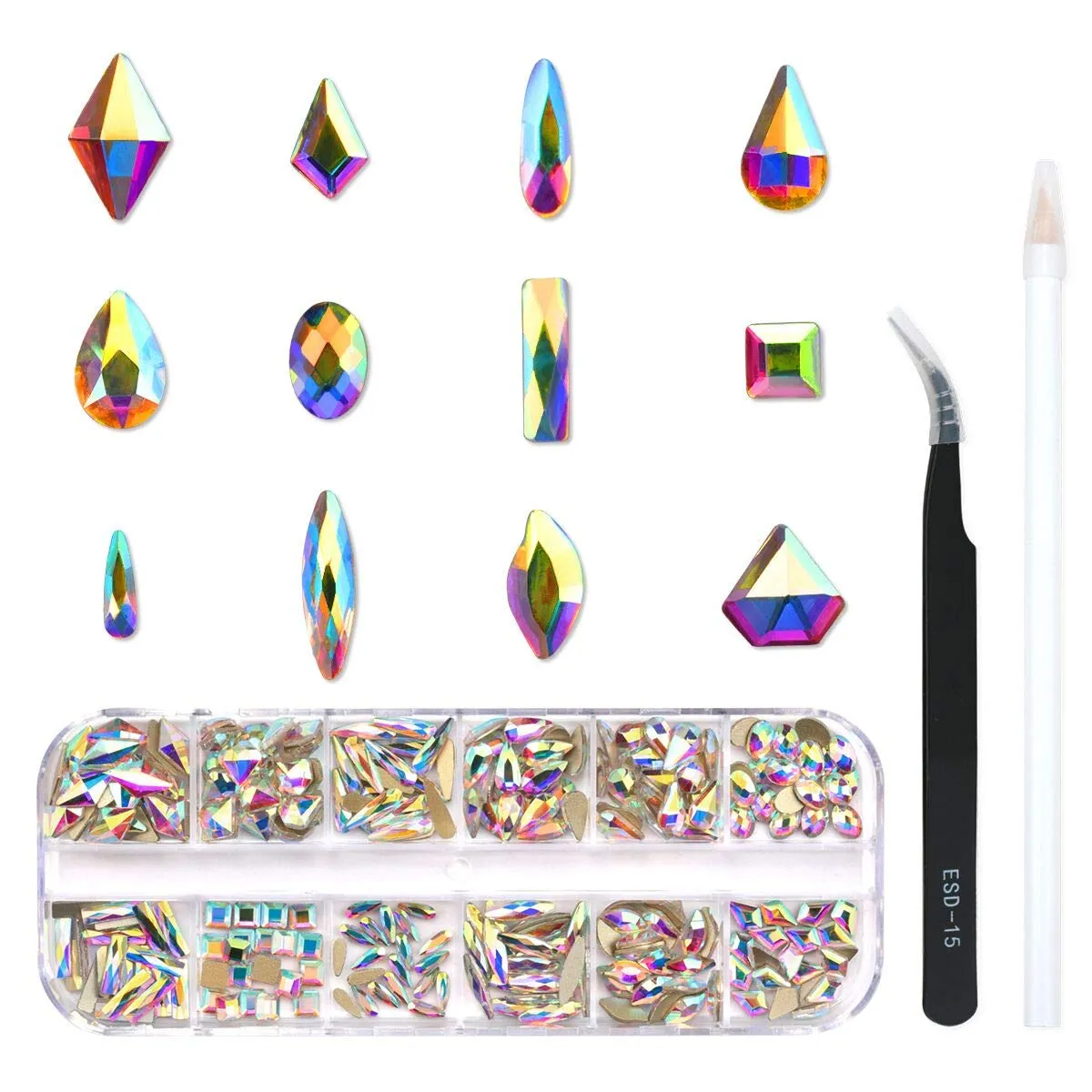 120 Pcs Multi Shapes Glass Crystal AB Rhinestones For Nail Art Craft, Mix 12 Style FlatBack Crystals 3D Decorations Flat Back Stones Gems Set (120 pcs Crystals 1728 pcs rhinestones)
