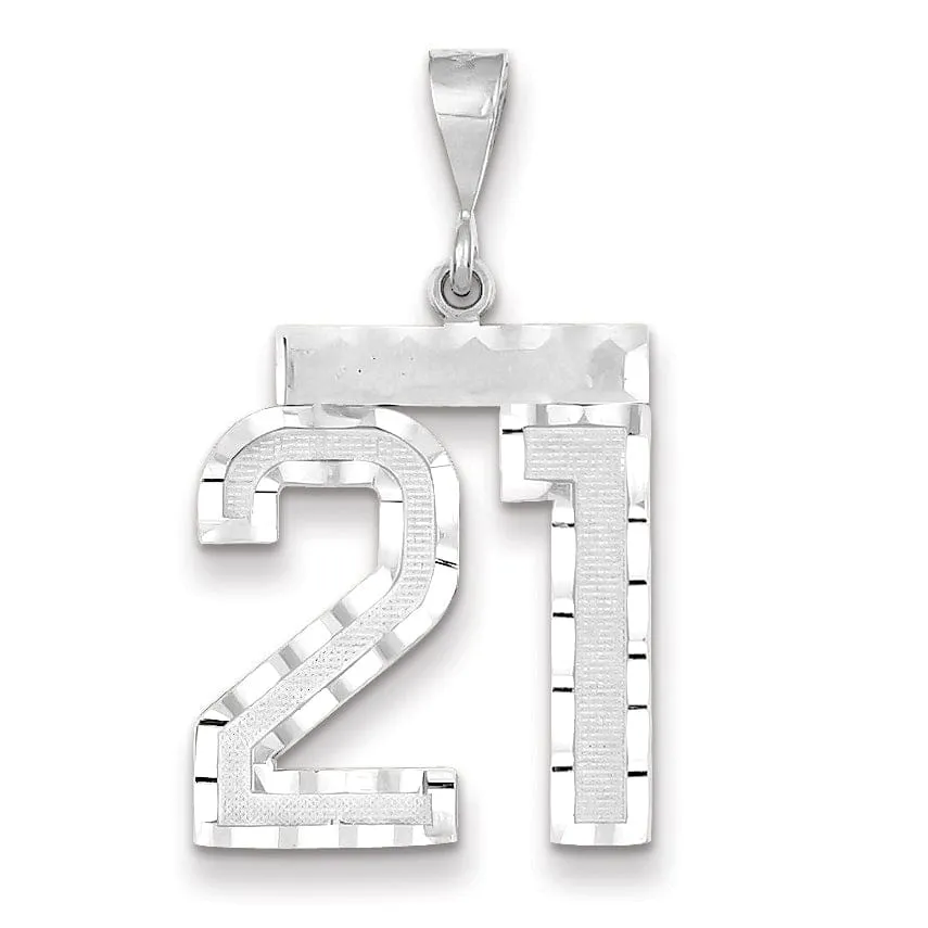 14k White Gold Diamond Cut Finish Large Size Number 21 Charm Pendant