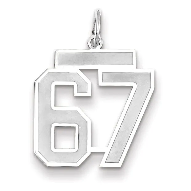 14k White Gold Satin Brush Finish Medium Size Number 67 Charm Pendant