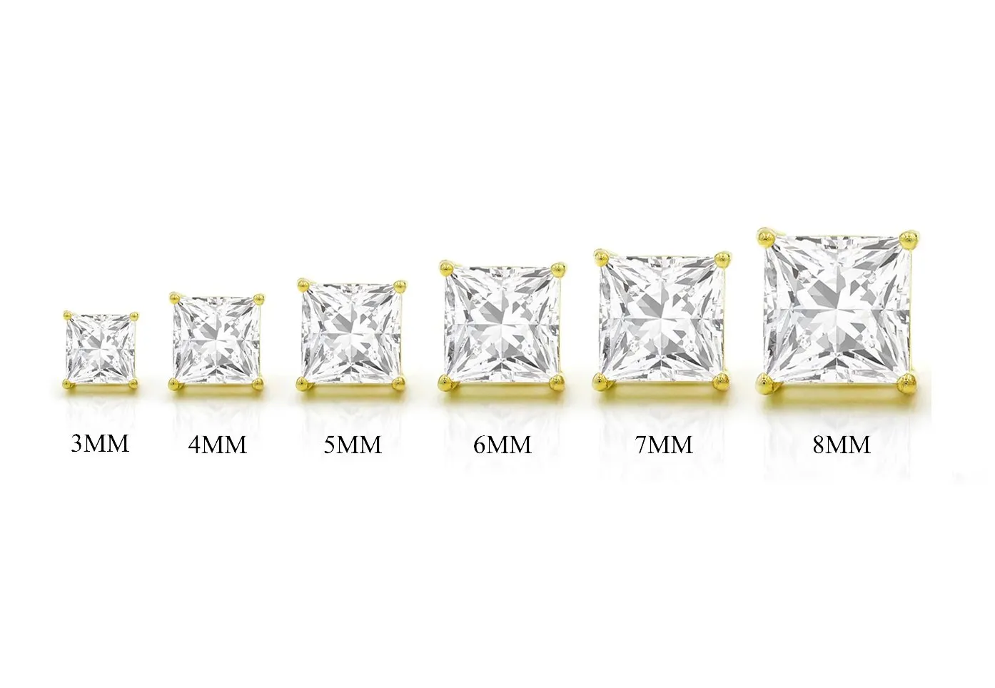 14K Yellow Gold Basket Set 3mm - 8mm Princess Cut Stud Earrings