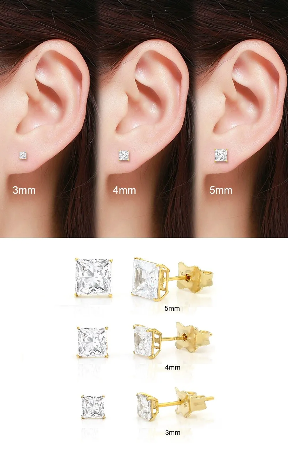 14K Yellow Gold Basket Set 3mm - 8mm Princess Cut Stud Earrings