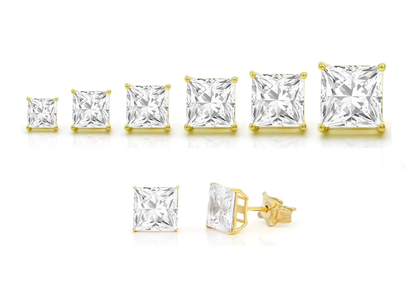 14K Yellow Gold Basket Set 3mm - 8mm Princess Cut Stud Earrings