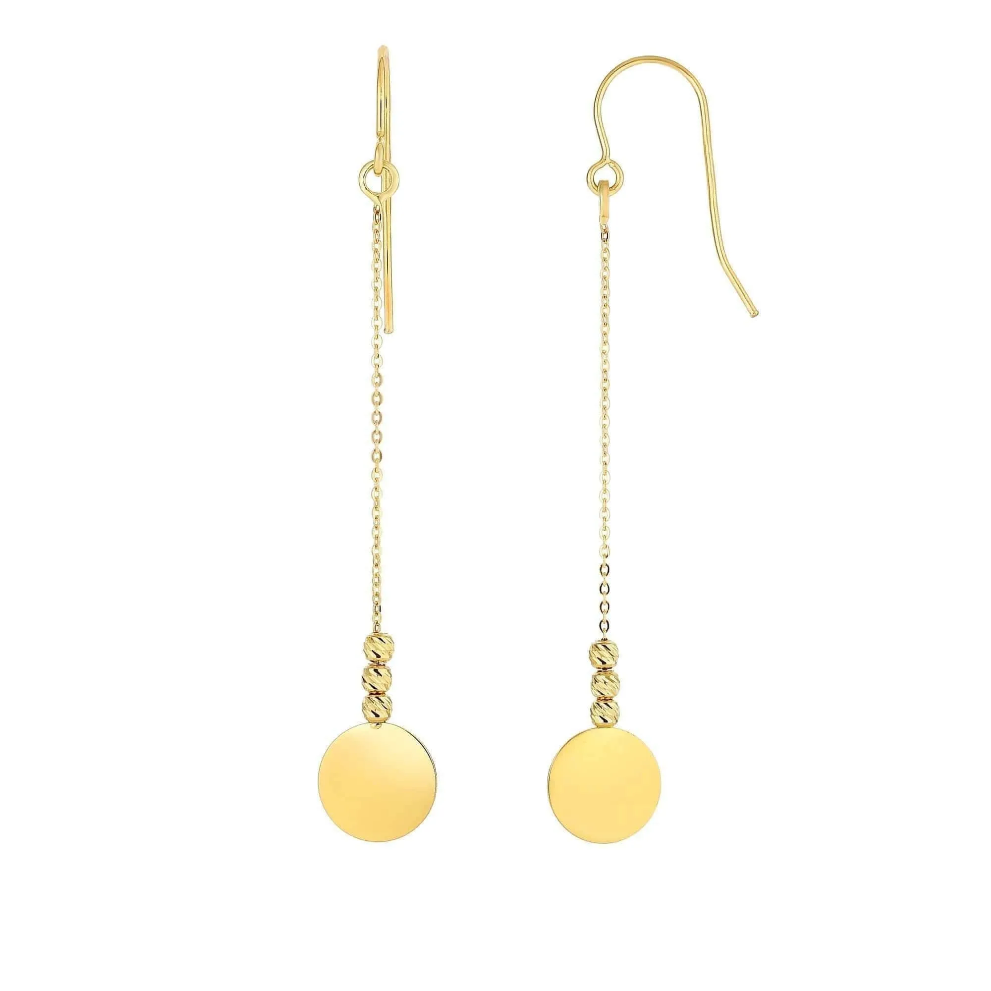 14K Yellow Gold Diamond Cut Bead Coin Disc Drop Earrings