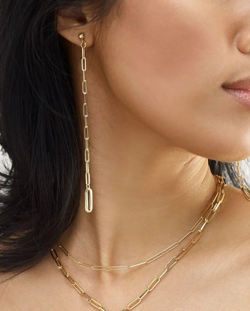 14K Yellow Gold Paper Clip Shoulder Duster Long Drop Earring