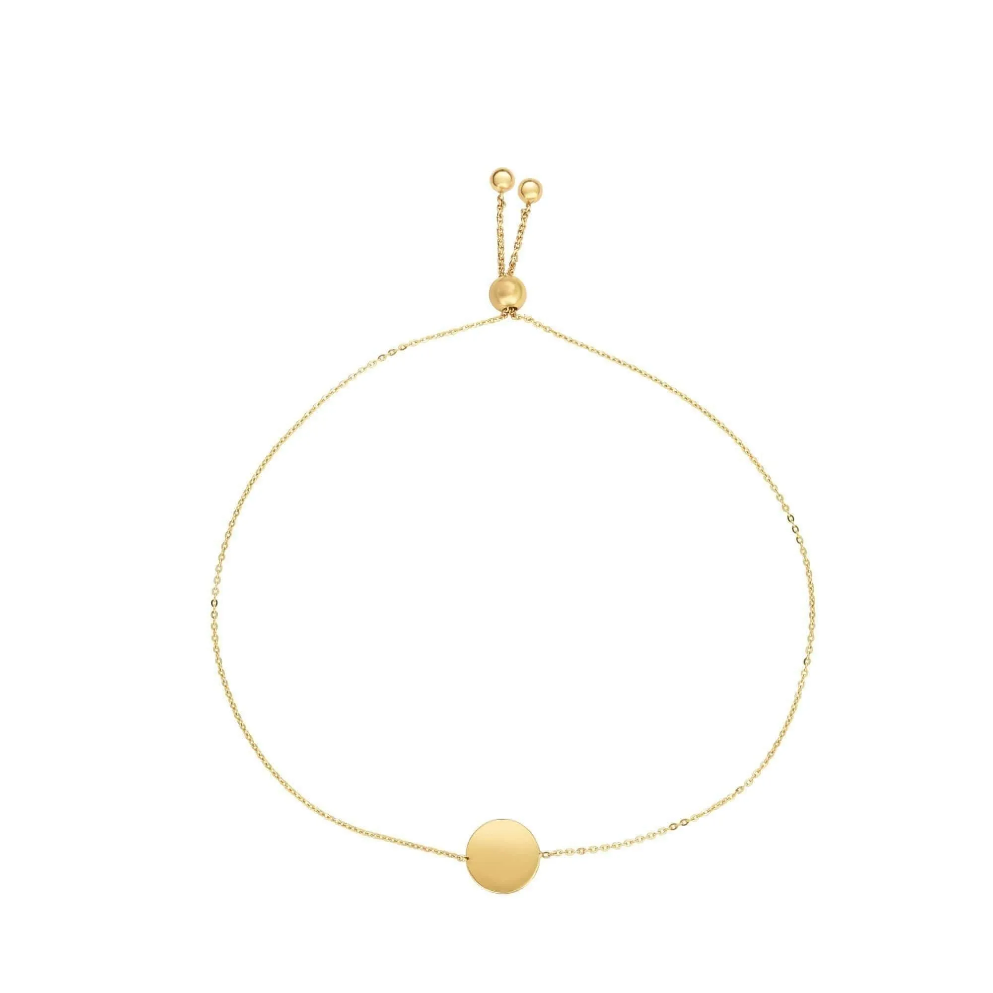 14K Yellow Gold Polished Engraveable Disc Adjustable Pull Bolo Bracelet