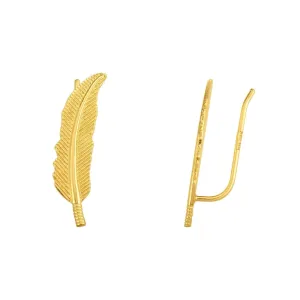 14K Yellow Gold Textured Leaf Ear Climber Earrings
