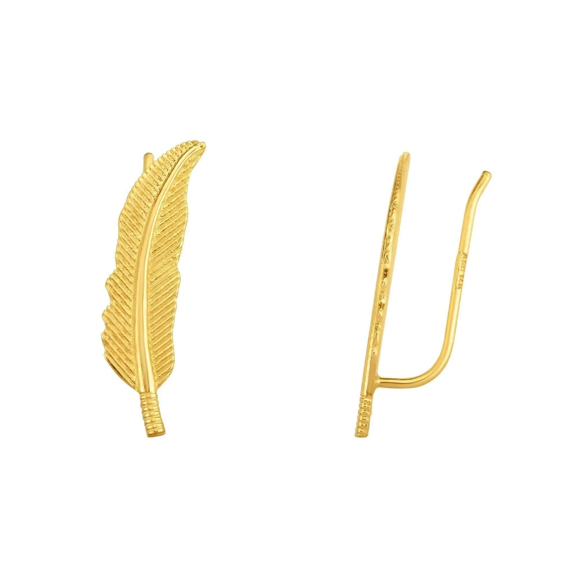14K Yellow Gold Textured Leaf Ear Climber Earrings