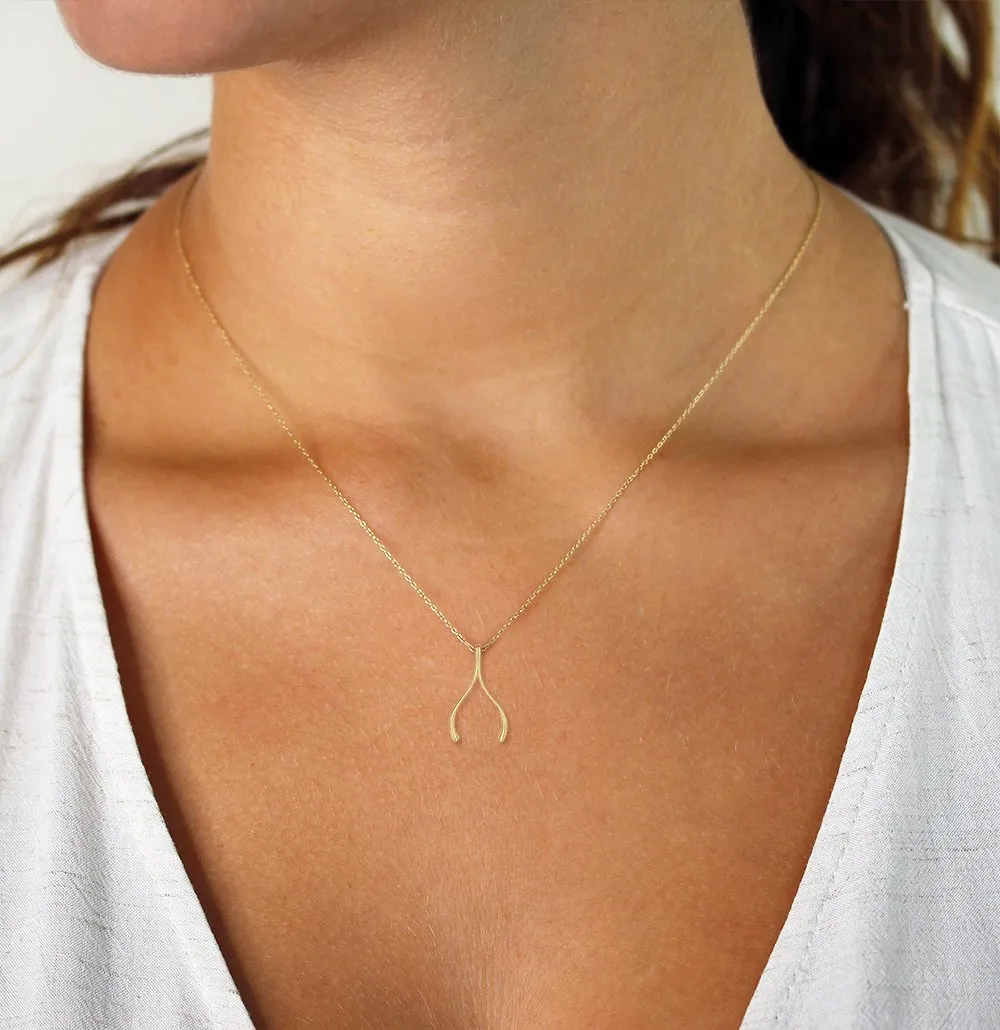 14K Yellow Gold Wish Bone Minimalist Pendant Necklace