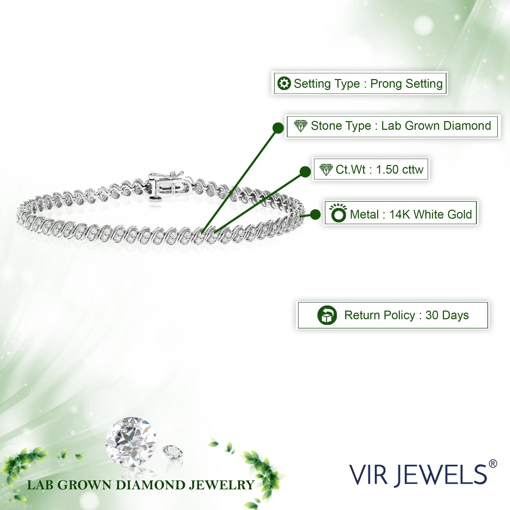 1.50 cttw S Link Lab Grown Diamond Tennis Bracelet 14K White Gold