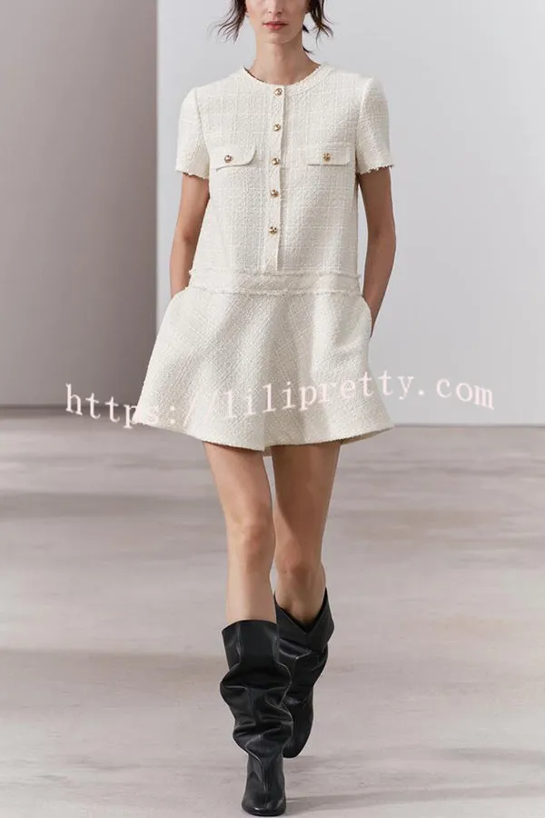 1960s London Girl Tweed Textured Gold Button Short Sleeve Pocketed Mini Dress