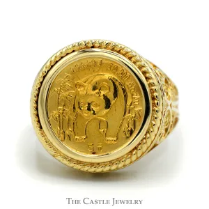1986 Panda Gold Coin Ring in 14k Yellow Gold Open Filigree Mount