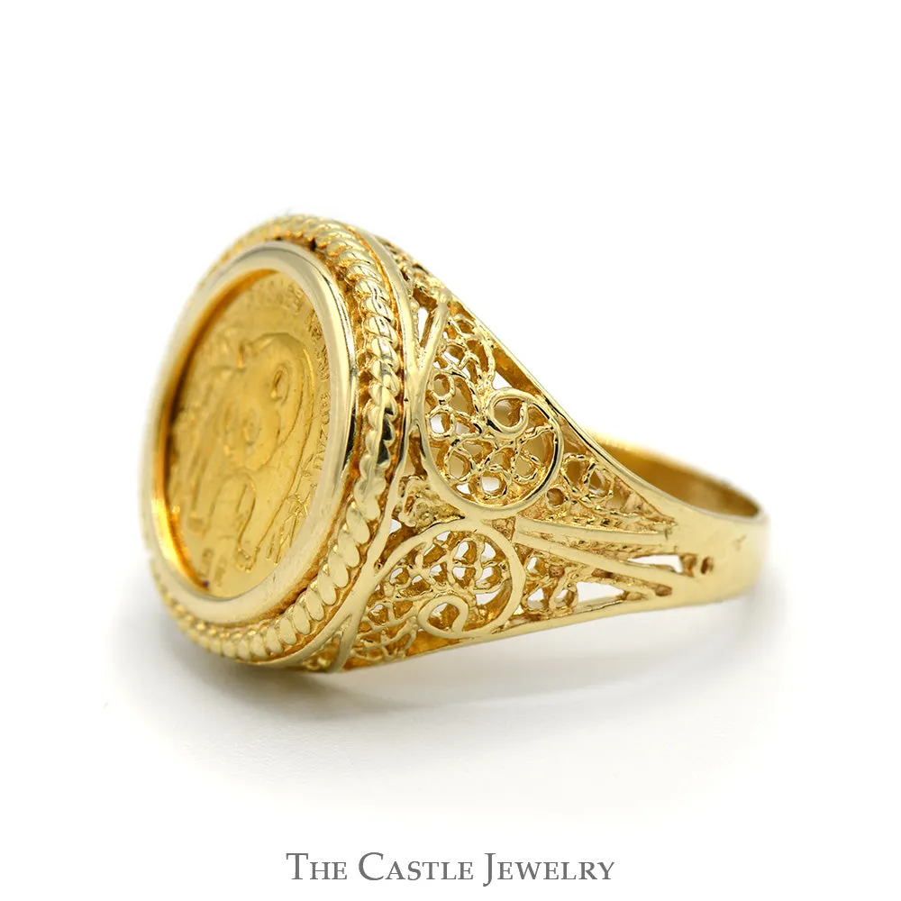1986 Panda Gold Coin Ring in 14k Yellow Gold Open Filigree Mount