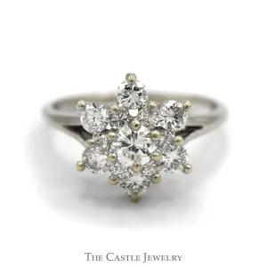 1cttw 13 Round Diamond Snowflake Cluster Ring in 18k White Gold