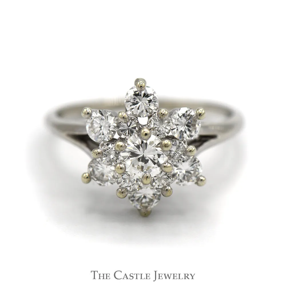 1cttw 13 Round Diamond Snowflake Cluster Ring in 18k White Gold