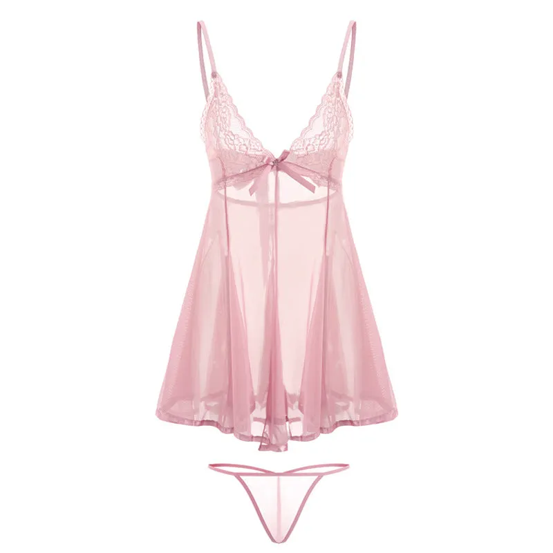 2-Piece Set Sexy Back Bow Tulle Lace Satin Dress/ Camisole with G-String