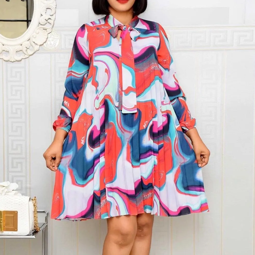 2020 Pleated Flare Office Bow Collar Dresses