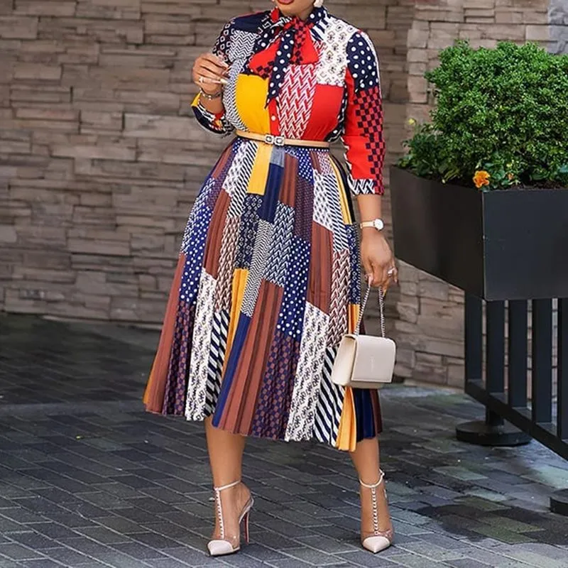 2020 Pleated Flare Office Bow Collar Dresses