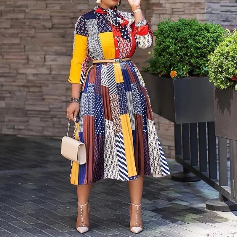 2020 Pleated Flare Office Bow Collar Dresses