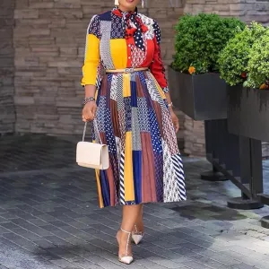 2020 Pleated Flare Office Bow Collar Dresses