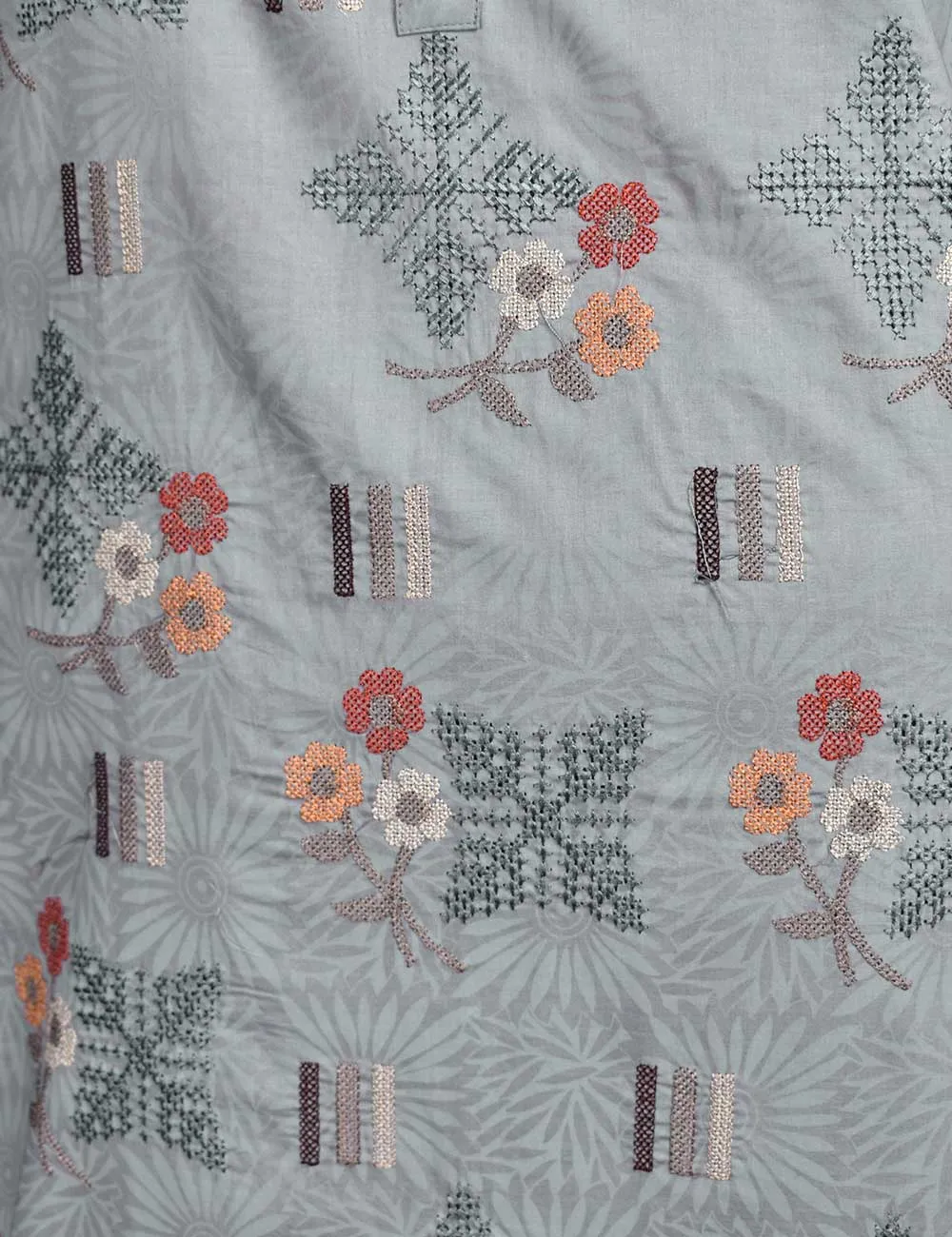 3 Pc Printed and Embroidered Cotton Dress with Embroidered Chiffon Dupatta - Sunflower (CE-1A-LightGray)