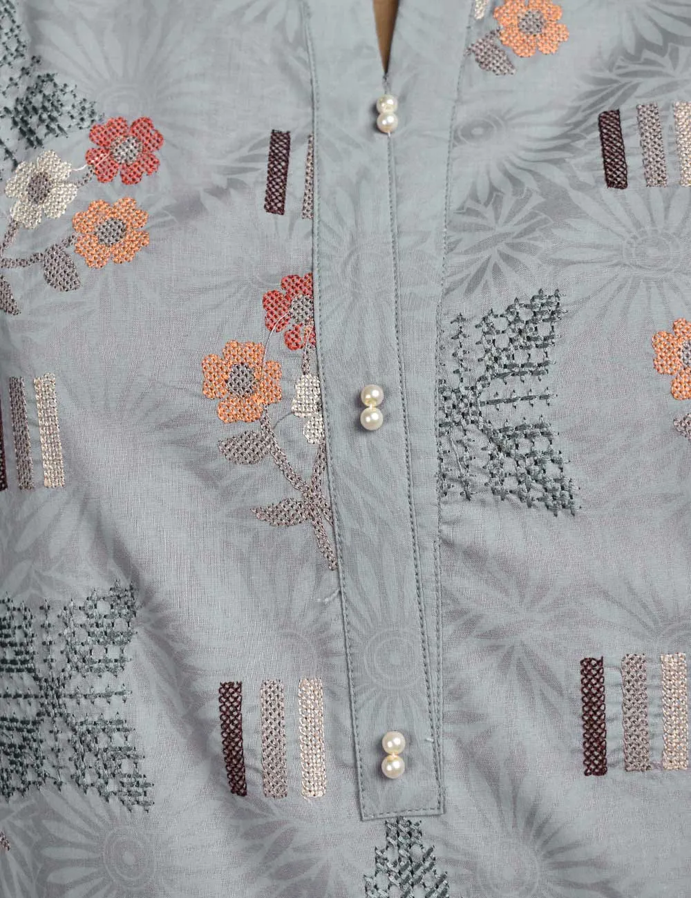 3 Pc Printed and Embroidered Cotton Dress with Embroidered Chiffon Dupatta - Sunflower (CE-1A-LightGray)