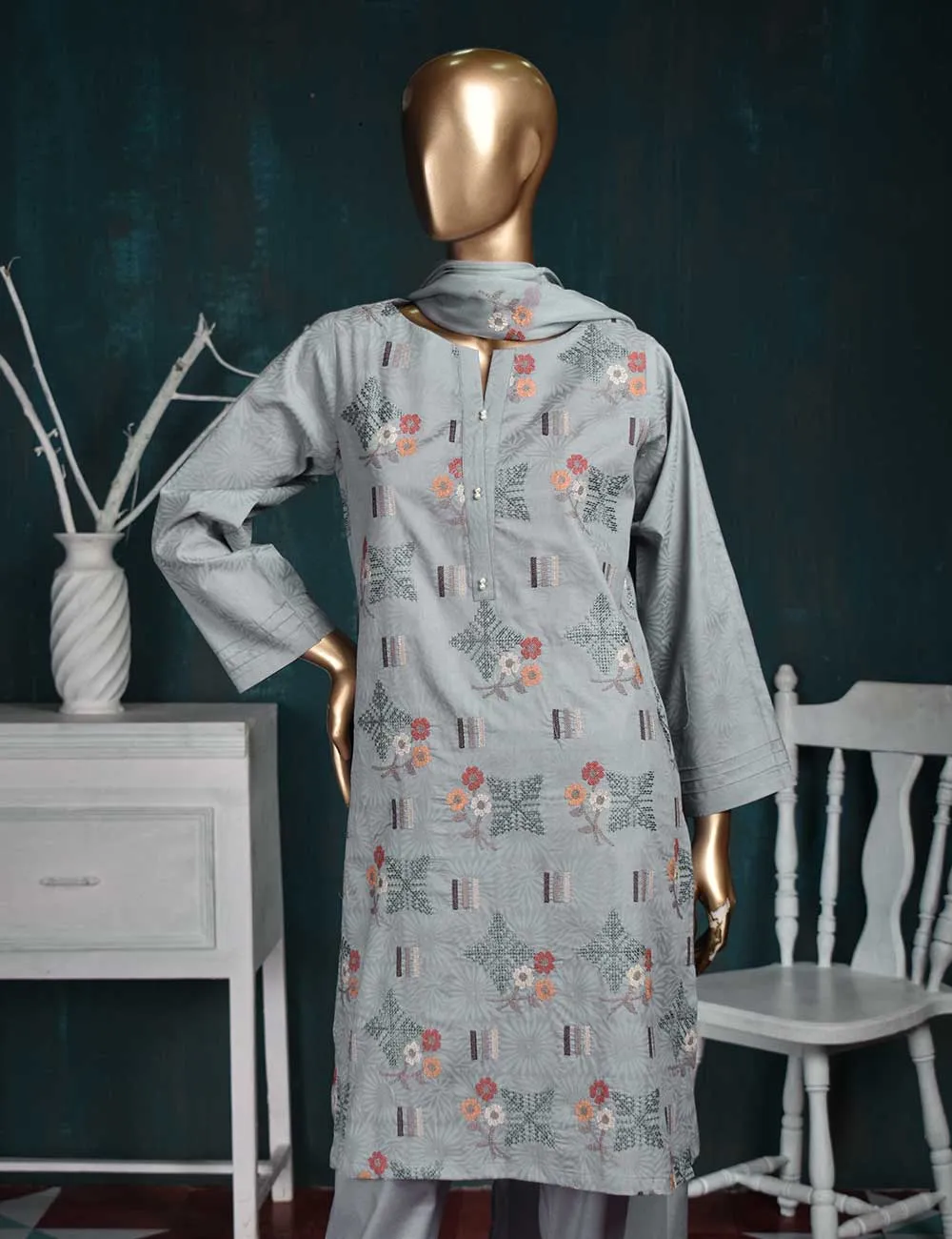 3 Pc Printed and Embroidered Cotton Dress with Embroidered Chiffon Dupatta - Sunflower (CE-1A-LightGray)