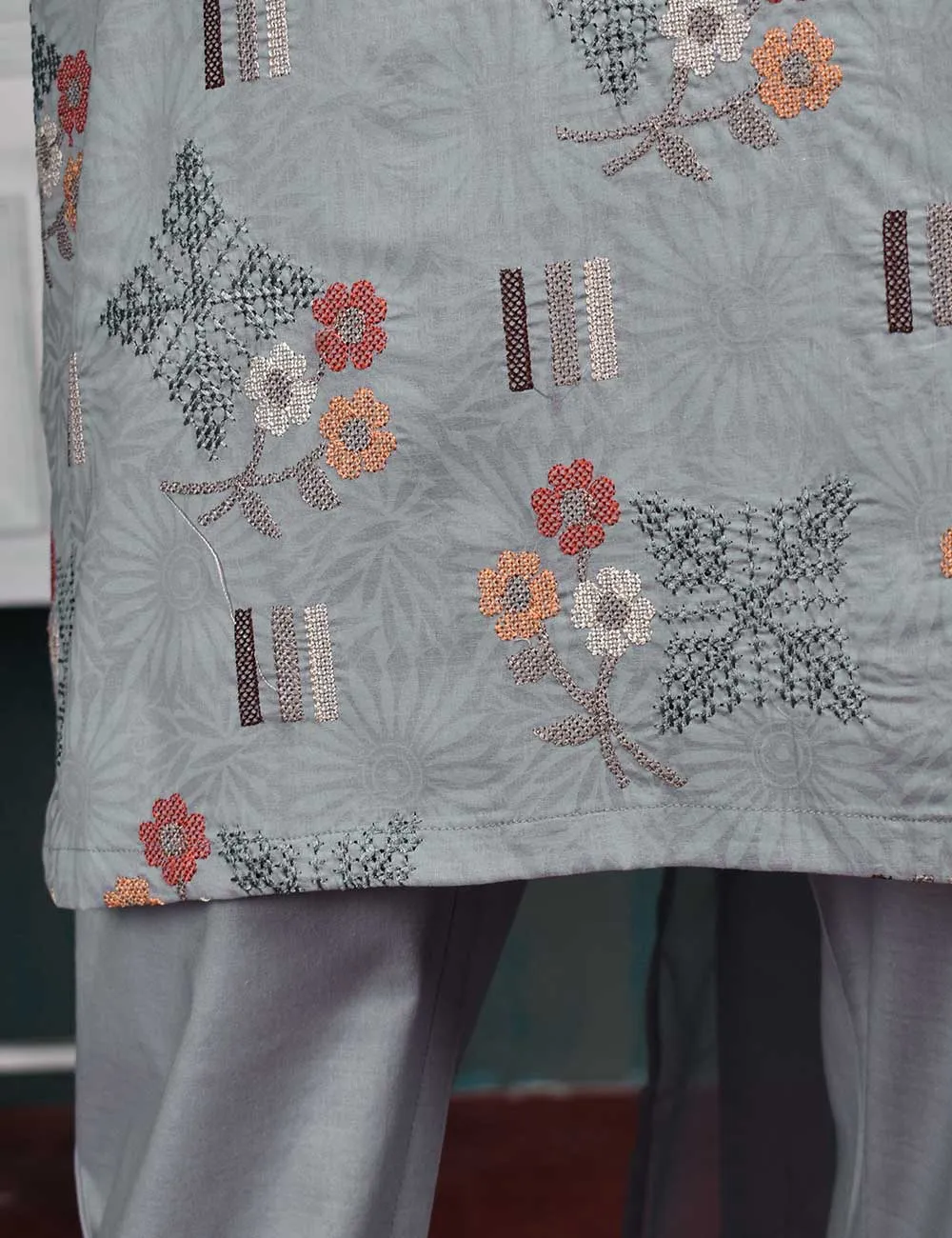 3 Pc Printed and Embroidered Cotton Dress with Embroidered Chiffon Dupatta - Sunflower (CE-1A-LightGray)