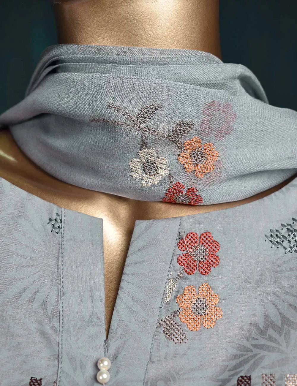 3 Pc Printed and Embroidered Cotton Dress with Embroidered Chiffon Dupatta - Sunflower (CE-1A-LightGray)