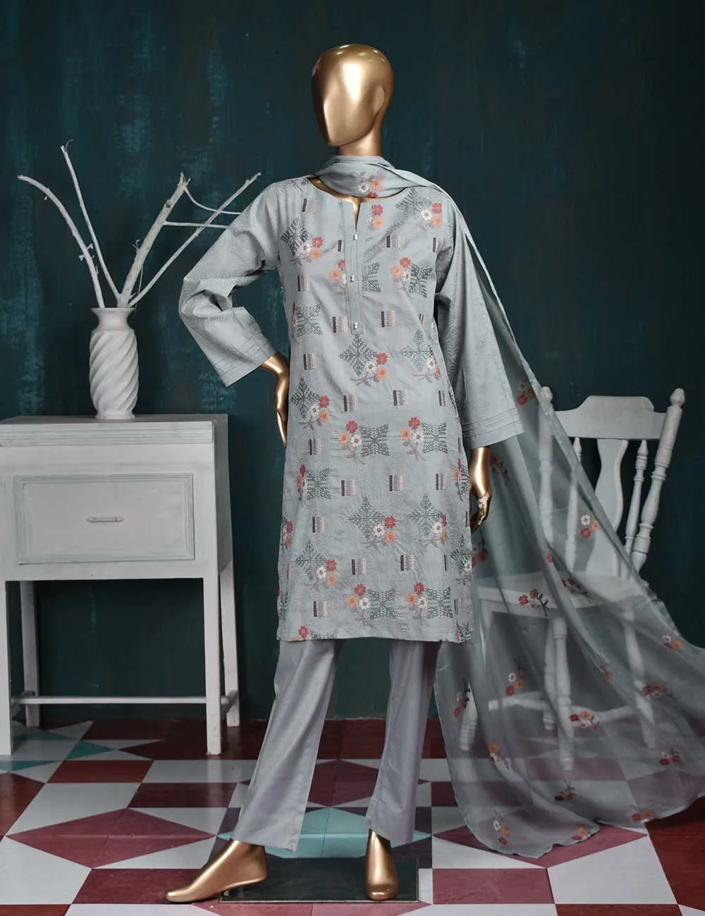 3 Pc Printed and Embroidered Cotton Dress with Embroidered Chiffon Dupatta - Sunflower (CE-1A-LightGray)