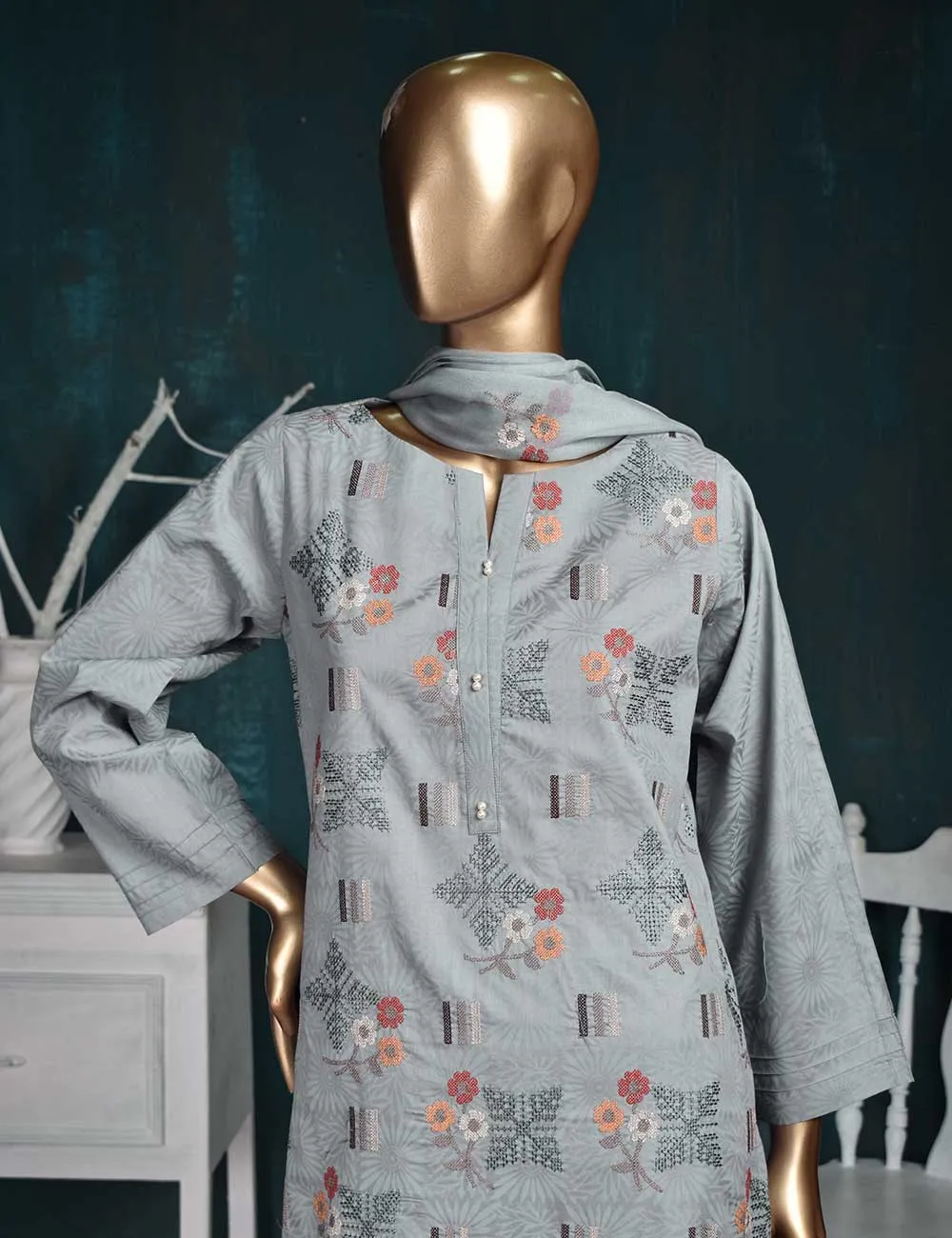 3 Pc Printed and Embroidered Cotton Dress with Embroidered Chiffon Dupatta - Sunflower (CE-1A-LightGray)
