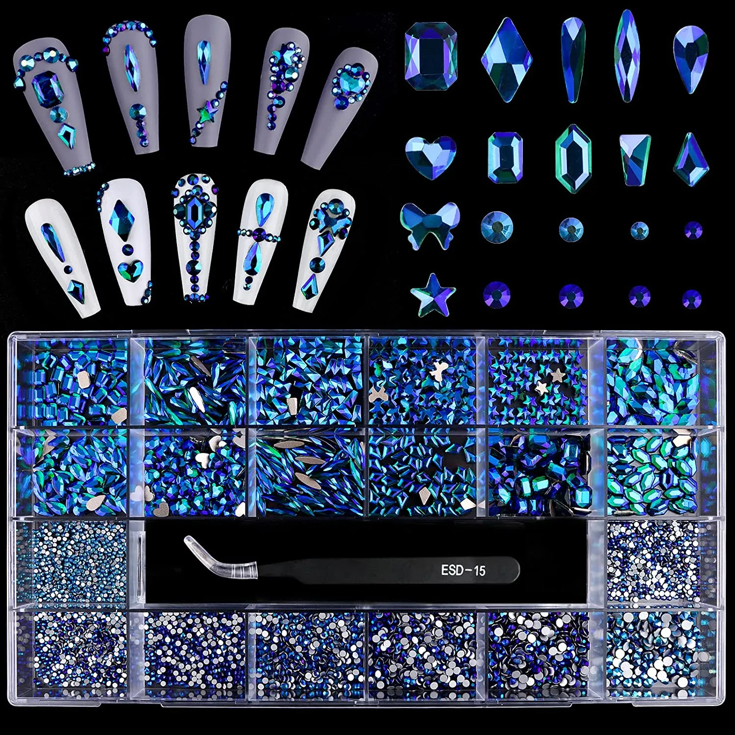 3100Pcs Professional AB Nail Rhinestones Kit EBANKU Red Nail Art Crystal Rhinestones for Nails Mixed Shape Nail Gems Jewels with Rhinestone Picker Dotting Pen Tweezers for DIY Nail Art Craft