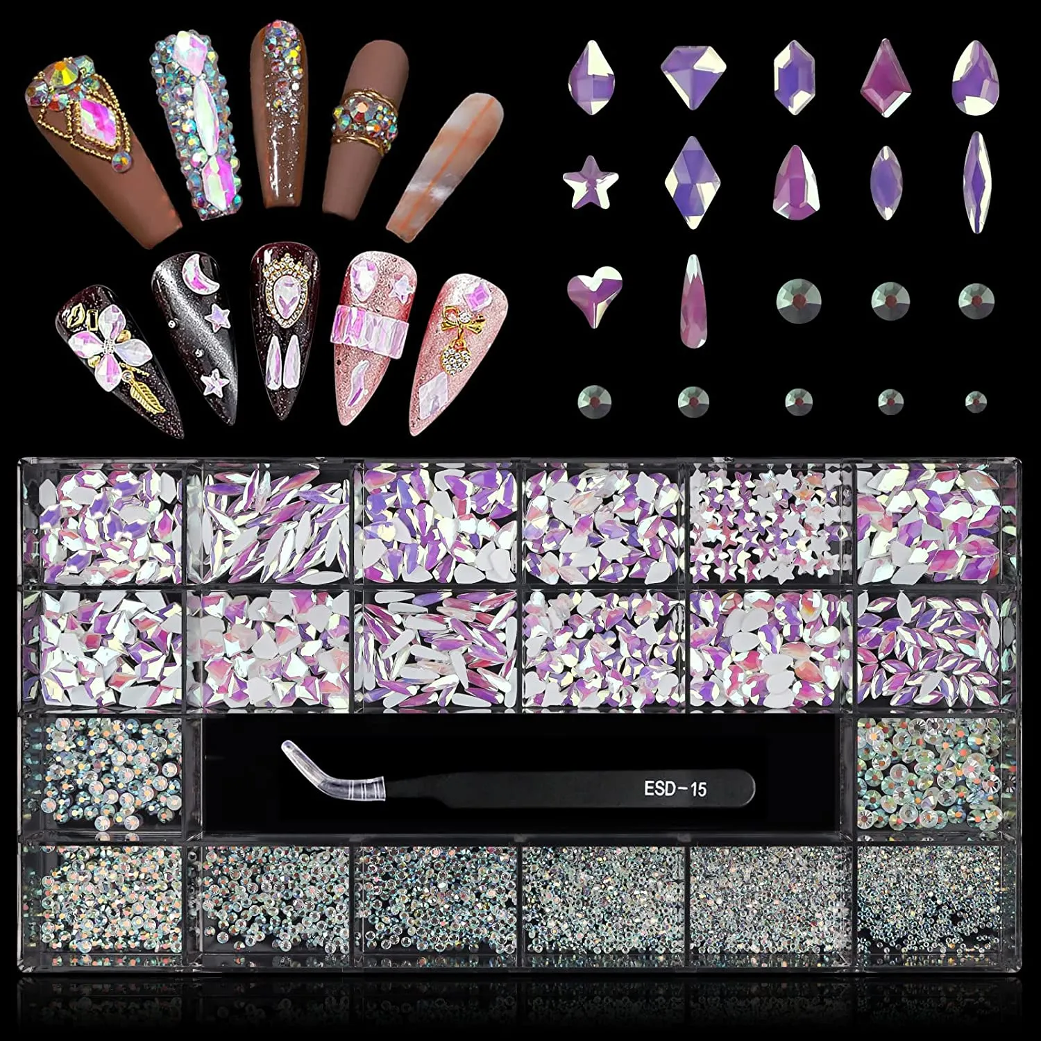 3100Pcs Professional AB Nail Rhinestones Kit EBANKU Red Nail Art Crystal Rhinestones for Nails Mixed Shape Nail Gems Jewels with Rhinestone Picker Dotting Pen Tweezers for DIY Nail Art Craft