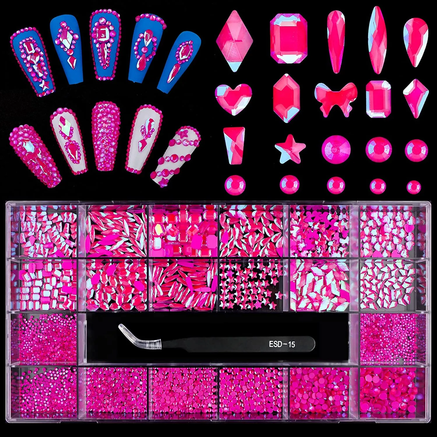 3100Pcs Professional AB Nail Rhinestones Kit EBANKU Red Nail Art Crystal Rhinestones for Nails Mixed Shape Nail Gems Jewels with Rhinestone Picker Dotting Pen Tweezers for DIY Nail Art Craft